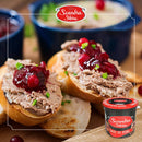 Canned pork pâté from Scandia Sibiu, part of conserve and muraturi selection, displayed in a glass jar with label visible.